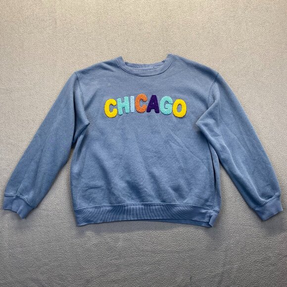 New York Popular Blue Crewneck Sweater with Chicago Graphic,Womens,Size Large - Picture 1 of 9